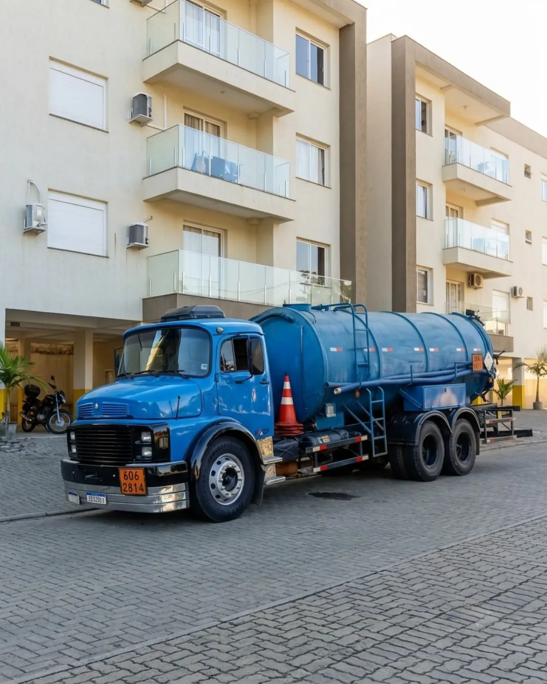 Caminhão auto vácuo azul em condomínio residencial